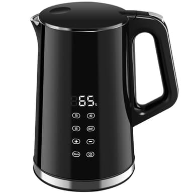 VORSCH Wasserkocher Edelstahl 1,7 L mit LCD-Temperaturanzeige, Temperaturwahl 40-100 °C, Trockengehschutz, Warmhaltefunktion, Doppelwand 360° Basis, BPA-frei, 2200W, Schwarz