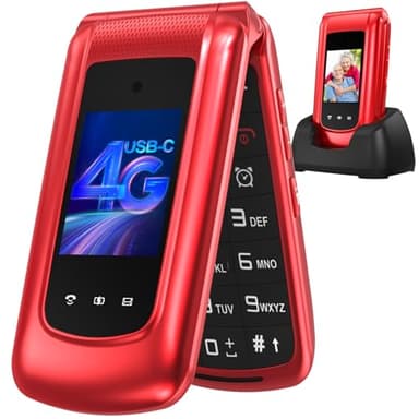 4G Klapphandy Seniorenhandy mit Großen Tasten Handy, Dual-SIM Flip Mobiltelefon mit Ladestation | SOS Notruffunktion | Kurzwahl | Taschenlampe | FM-Radio | 2,4+1.77 Zoll Dual Farbdisplay | Rot