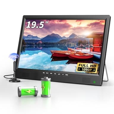 DESOBRY 19-Zoll Fernseher 1080p, Kleiner Fernseher mit Batterie, 12V Fernseher mit Verstellbarer Basis für Home Entertainment, Reisen und Outdoor-Einsatz, HDMI AV USB