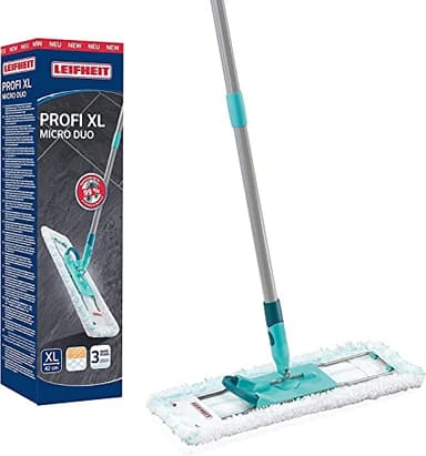 Leifheit rückenschonender Bodenwischer Profi XL Micro Duo, Stahlstiel 146cm, Wischmopp mit Fußklick, Mikrofaser Bezug für Fliesen und Laminat, 360° Drehgelenk, Click-System, umweltfreundlicher Karton