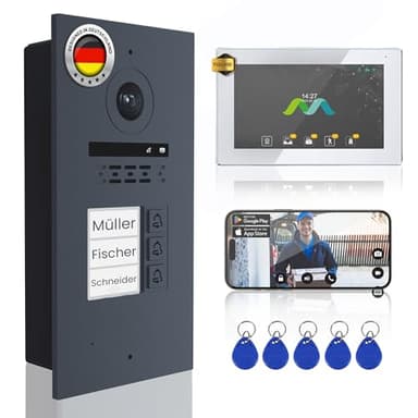 MATHFEL 2-Draht-Bus Video-Türsprechanlage – 3-Familienhaus, 170° Weitwinkelkamera, 3X 7-Zoll Touchscreen-Monitor, RFID, Anthrazit Außenstation, WLAN-App und IP65 wetterfest