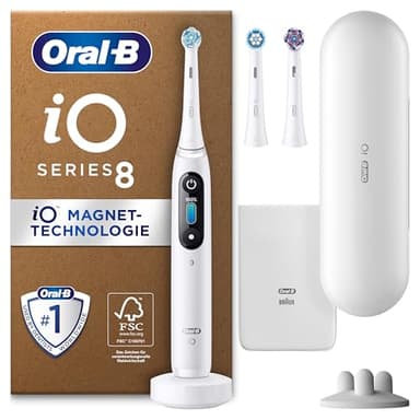 Oral-B iO Series 8 Plus Edition Elektrische Zahnbürste/Electric Toothbrush, PLUS 3 Aufsteckbürsten, 6 Putzmodi für Zahnpflege, Reiseetui, recycelbare Verpackung, Designed by Braun, weiß alabaster