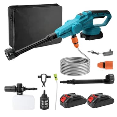 Akku Hochdruckreiniger,100 Bar Mobiler Hochdruck Wasserpistole mit Akku,Bürstenloser Motor,6-in-1-Multifunktionsdüse,180° Drehbare Düse, 380L/H,5M Schlauch, für Autos,Terrasse,Fenster (2 Akku)
