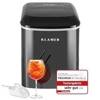 KLAMER Eiswürfelmaschine klein mit Eisschaufel & 2 Eiswürfelgrößen - 10 Eiswürfel in nur 7 Min, 15 kg Eiswürfel pro Tag - leiser Ice Maker mit Timer (schwarz)