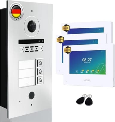 MATHFEL 2 Draht Video Fingerprint Türsprechanlage 3-Familienhaus Full HD 1080p mit 2 Jahren Garantie - Einfache 2-Draht-Bus-Installation - 170° Kamera, 3X 7-Zoll Monitor, mit RFID Zugangskontrolle