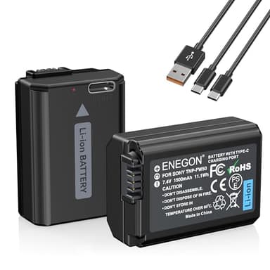 ENEGON NP-FW50 Direktlade-Ersatzbatterien 1500mAh (2er-Pack) mit 2-in-1-USB-C-Ladekabel für Sony ZV-E10,NEX 3/5/7&SLT-A Serie,Sony A7, A7SII, A7R, A7RII,A3000,A6000,A6500,A6300,A6400 A55,A5100,RX10II