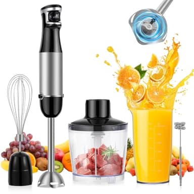 SOLVIEW 1500W Pürierstab Stabmixer Set Edelstahl：5-en-1 Stabmixer Elektrischer - Stufenlos Geschwindigkeiten - Schneebesen,Milchaufschäumer,500ml Häcksler und 600ml Messbecher,für Babynahrung