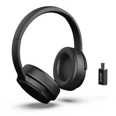 R-MUSIC RM306841 – Kabellose TV-Kopfhörer mit USB-Empfänger 2,4 GHz – 12 Stunden Akkulaufzeit – FM-Radio, 3,5 mm Klinkenstecker, drehbare Ohrmuscheln – Schwarz