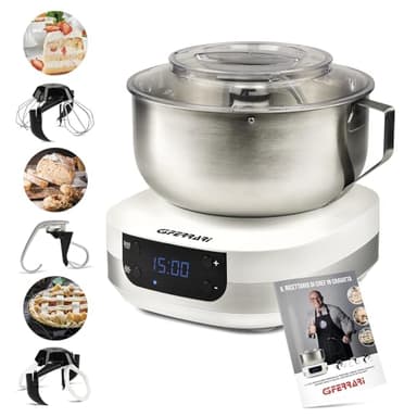 G3 Ferrari G20145 Gourmet Knetmaschine, 1500 Watt, 5 Liter, Edelstahlschüssel mit Griff, Digitalanzeige, 5 Geschwindigkeiten, Timer, inklusive Rezeptbuch