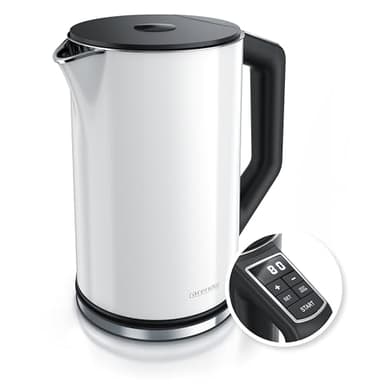 Arendo - Edelstahl Wasserkocher mit Temperatureinstellung 40-100 Grad in 5er Schritten - Doppelwand Design - Modell ELEGANT - 1,5 Liter - 2200 W - Teekocher mit Temperaturanzeige - GS - Weiß