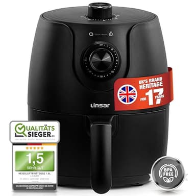 Linsar - Heißluftfritteuse klein - 1,8L - Airfryer mit Timer und Warmhaltefunktion - Temperatur wählbar - Energiesparender & schneller als Backöfen - 1200 Watt - Klein (Schwarz)