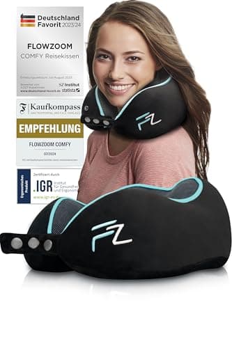FLOWZOOM Comfy Nackenkissen für Flugzeug & Auto - Einstellbares Memoryschaum Nackenhörnchen mit flexiblen Druckknöpfen für 360° Stütze, atmungsaktiver waschbarer Bezug - inkl. Beutel - Schwarz