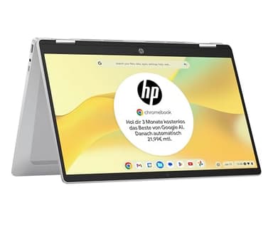 HP Chromebook x360 Laptop, 14" Touchscreen, Intel Prozessor N100, 4 GB DDR4 RAM,128GB eUFS, Intel UHD Graphics, ChromeOS Betriebssystem, QWERTZ, Gemini, Silber