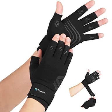 Duerer Arthritis-Kompressionshandschuhe mit Riemen, Damen Herren für RSI, Karpaltunnel, Rheuma, Sehnenscheidenentzündung, Handschmerzen, Handstütze. Fingerlose Handschuhe für Computer (Schwarz, L)