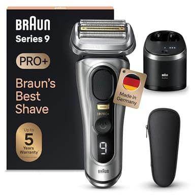 Braun Series 9 Pro+ Rasierer Herren Elektrisch, Elektrorasierer mit 5 Pro Rasierelementen, Langhaarschneider ProTrimmer & Reinigungsstation, 60 Min Laufzeit, Made in Germany, 9567cc, Silber