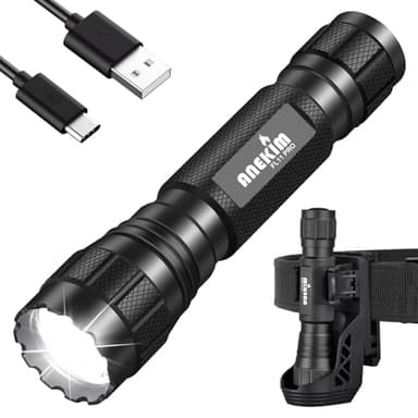 ANEKIM Taktische Taschenlampe mit Holster, 1200 Lumen Super Hell Polizei Taschenlampen Aufladbar, Wasserdicht Single Mode Einzelmodus Starke Taschenlampe für Strafverfolgung,Camping,Wandern,Notfälle