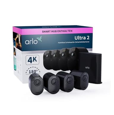 Arlo Ultra 2 Spotlight WLAN Überwachungskamera aussen 4er Set kabellos 4K, Nachtsicht in Farbe, Bewegungsmelder, 2-Wege-Audio, 90 Tage Test Arlo Secure Plan VMS5440B VMS5440B-200EUS Schwarz (1er Pack)