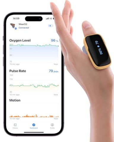 Viatom WearO2 Pulsoximeter, wiederaufladbares Fingeroximeter, Fingerring-Oximeter mit Bluetooth APP und Vibration, Schlafüberwachung, APP Kompatibel für iOS, Android, 16 Stunden Akkulaufzeit
