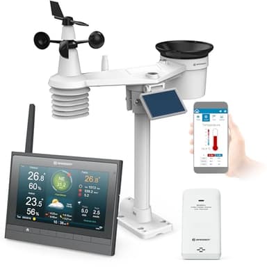 Bresser Wetterstation Funk mit Außensensor - solarbetrieben - und Thermo-Hygro-Funksensor MeteoChamp HD WLAN-Wetter-Center 7-in-1 inkl. Windmesser und Regenmesser, Grau