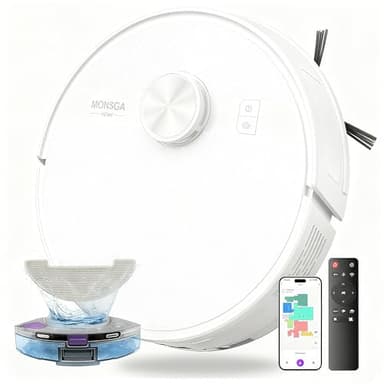 MONSGA Saugroboter mit Wischfunktion,5000Pa Saugkraft,180Min Laufzeit,Anti-Tangle-System,LiDAR Navigation, Staubsauger Roboter für Teppich, Tierhaare, APP & Fernbedienung Steuerung (Weiß)