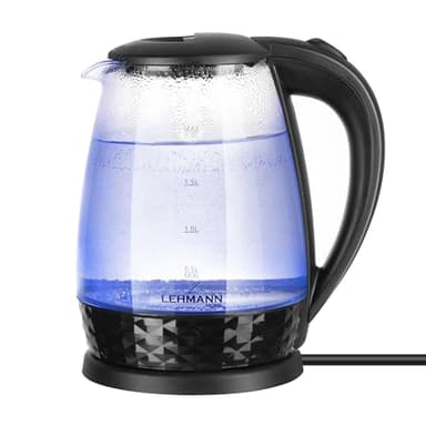 Lehmann LHOEK-2220C Glas-Wasserkocher für die Küche 2L, 2200W elektrischer Wasserkocher aus Glas, Wasserkessel mit beleuchtetem Tank und verziertem Sockel, Schnelles Kochen und große Kapazität