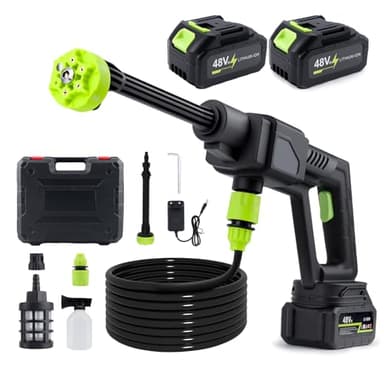 Akku Hochdruckreiniger,Max.40Bar,48V,6L/Min,Mobiler Hochdruckreiniger mit 2 x 10000mAh Wiederaufladbarem Akkus,6-in-1-Düse,Schaumsprüher und 5M Schlauch,Cordless Pressure Washer für Autos,Zäunen,Böden
