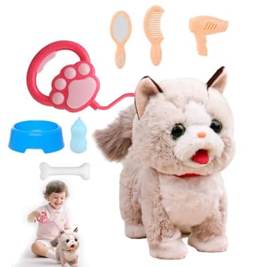 Interaktives Katze Spielzeug für Kinder, Plüschtierkatze mit Ferngesteuerter Leine, Elektronische Haustiere Katze Spielzeug der Läuft und Bellt für Kinder Mädchen Junge Geschenk