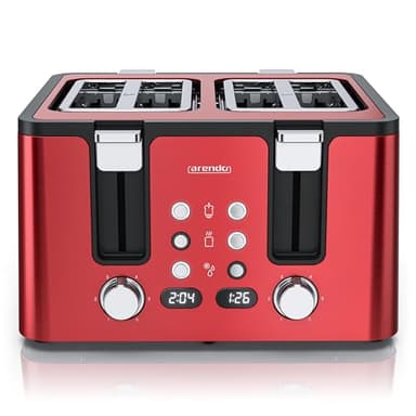 Arendo - Toaster 4 Scheiben Edelstahl - mit Brötchenaufsatz - 4 Schlitze - LED Anzeige Restzeitanzeige – Doppelwandgehäuse - Defrost Funktion - Krümelschublade - 6 Bräunungsgrade - Rot