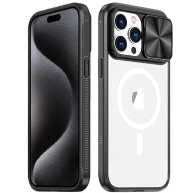 Rdyi6ba8 Transparente Hülle für iPhone 15 Pro, Kamera Schutz Handyhülle mit Schieber [Anti-Gelb] Hybrid PC + TPU Stoßfest Case für iPhone 15 Pro - Schwarz
