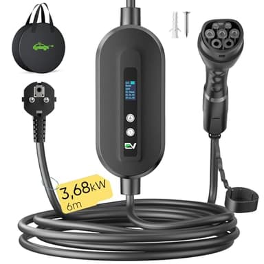 EVJUICION Ladekabel Elektroauto Typ 2 Schuko 3,68kW[1-phasig, 6m, 6-16A, IP67], EV Chargers Ladegerät mit Einstellbarer Ladeleistung Digitalanzeige für ID.3, ID.4, X1, Model Y/3, und Anderen PHEV/EV