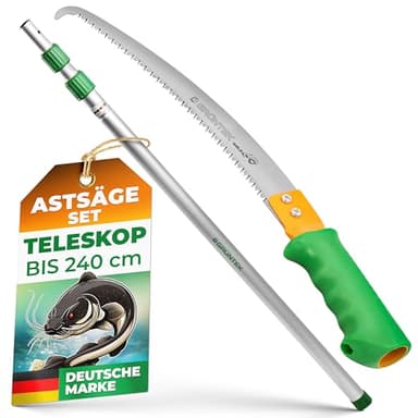GRÜNTEK Teleskop Astsäge Set WELS, Handsäge 50 cm und Teleskopstange bis 240 cm, Baumsäge mit 3D Zahnung, Sägeblatt Länge 350 mm, manueller Hochentaster, passt zu Raupenschere Schwan 295.502.002