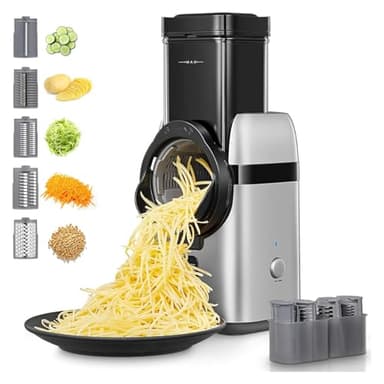 FOHERE Gemüseschneider elektrisch, 5 in 1Käsereibe, 80W Gemüsehobel, Gemüsehobel mit mehreren auswechselbaren Klingen und Aufbewahrungsbox, Reibe für Obst und Gemüse - Ganze Kartoffeln, Gurke, Nüsse
