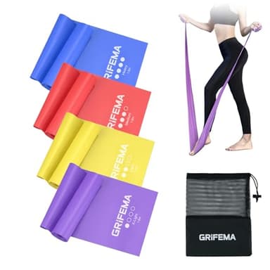 GRIFEMA Fitnessbänder [4er Set], Gymnastikband mit 4 Widerstandsstufen, Fitnessband mit Tragetasche & Übungsanleitung, Resistance Bands für Yoga, Pilates, Blau, Rot, Gelb, Violett