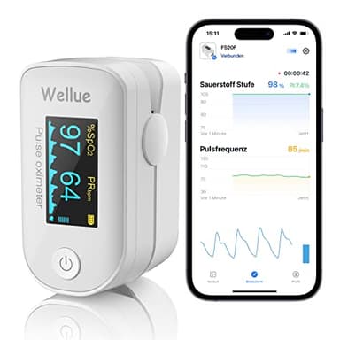 Bluetooth Pulsoximeter, Sauerstoffsättigung Messgerät, Überwachung des Sauerstoffs, SP O2 und Herzfrequenzmesser, Monitor für Fingerspitzen mit App, Tragbar und leicht mit Batterien, Weiß