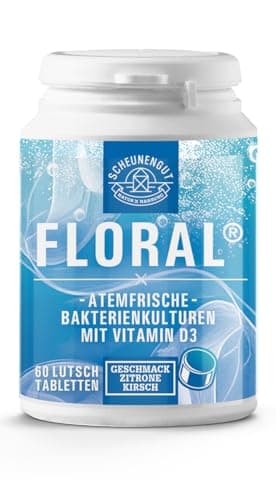 FLORAL® Atemfrische - 60 Anti Mundgeruch Lutschtabletten +Vitamin D3 +Lactobacillus salivarius - Mundhygiene - ohne Mundspülung und Zungenreiniger -Frischer Atem- SCHEUNENGUT®