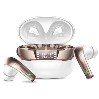 Bluetooth Kopfhörer, Kopfhörer Kabellos Bluetooth 5.4 HiFi-Klangqualität mit ENC Mikrofon, 47Std Spielzeit Mini In Ear Ohrhörer mit IP7 Wasserdicht, Ohrhörer mit LED Anzeige für IOS/Android Weißgold