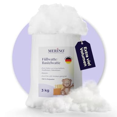 Merino® - Füllwatte 3 Kg Beutel - Füllmaterial Watte aus 100% Polyester - Hochwertige Füllwatte für Kuscheltiere - Bastelwatte formbeständig und extra flauschig - Kissenfüllung extra ergiebig