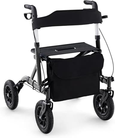 FANTASK Rollator mit Sitz für Senioren, faltbar und leicht mit Luftbereifung, Aluminium, Leichtgewicht Rollatoren, bis 160 kg, 2 in 1 Rollstuhl & Reiserollator (Schwarz)