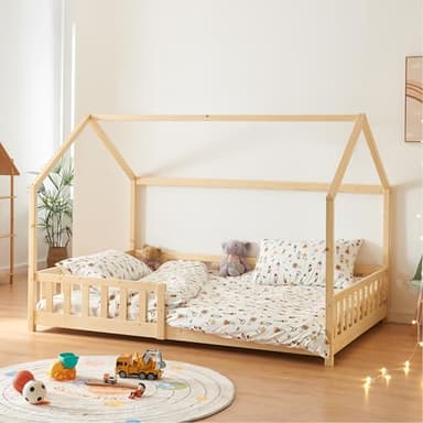 [en.casa] Kinderbett Hesel Hausbett Holzoptik 120 x 200 cm mit Rausfallschutz und Lattenrost Montessori Bodenbett Jugendbett Holzbett