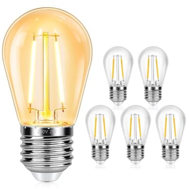 6 Stück S14 E27 2W LED Glühbirnen, Ersatz 20W Glühbirnen Außen, 2700K Warmweiß, AC220-240V, S14 Klar Birnen, Nicht Dimmbar, Ersatzbirne für Innen Außen-Lichterketten, Camping, Garten, Party