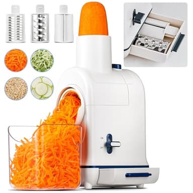 Gemüseschneider Elektrisch, AAOBOSI Elektrischer Gemüseschneider mit Aufbewahrungsbox, großem Einfüllschacht zum ganzer Karotten, Kartoffeln, 3 Einsätze und leisem Motor-Upgrade