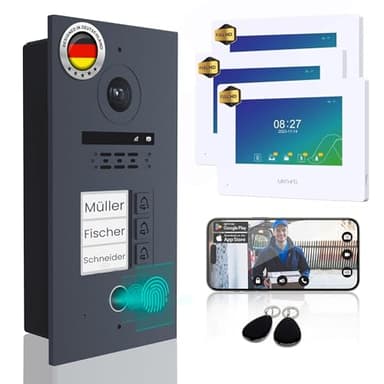 MATHFEL 2 Draht Bus IP 3 Familienhaus Video Türsprechanlage Fischaugenkamera 170 Grad, Außenstation in Aluminium, 3x7'' Monitor Anthrazit mit RFID Zugangskontroll