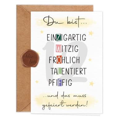 Giftota Geburtstagskarte 12 Jahre Mädchen Jungen (A6 Klappkarte mit Umschlag & Wachssiegel), Schöne Geschenkkarte zum 12. Geburtstag mit besonderen Designs, Sweet 12 Grußkarten für Freunde, Kinder