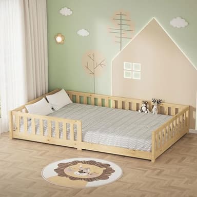 ML-Design Kinderbett 120x200 cm, Natur, Bodenbett für Kinder mit Lattenrost und Rausfallschutz, Jugendbett aus massivem Kiefernholz, Bettgestell für Jungen und Mädchen, Holzbett Babybett Doppelbett