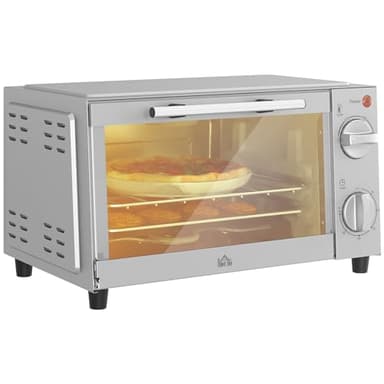 HOMCOM Minibackofen 9L Mini Ofen mit Backblech, Grillrost, 100 °C-230 °C, mit einstellbar Temperatur und Garzeit, 60 Min. Timer, 750W, Edelstahl, Silber