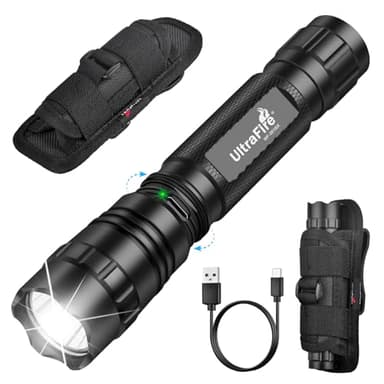 UltraFire Wiederaufladbare Taktische Taschenlampe mit Holster, 1000 Lumen 3 Modi Polizei Taschenlampe mit Gürtelholster, Safety Taschenlampen für Strafverfolgung, Camping, Outdoor, WF-501BX