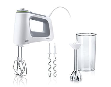 Braun Household MultiMix 5 HM 5107 Handmixer - Handrührgerät mit stufenloser Geschwindigkeitsregelung, 750 Watt, inkl. Schneebesen, Knethaken, Pürierstab und 600 ml Mix- und Messbecher, Weiß/Grau