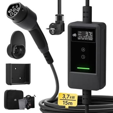 dé Ladekabel Elektroauto Typ 2 Schuko 3,7kW [15m, 6-16A] EV Charger Mit Kabelhalter und digitalem LCD - EV Ladegerät für e Auto Model 3/Y, ID.3/4/5, MG4, Q4, GLA, Zoe und Anderen PHEV/EV