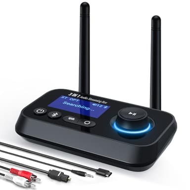 Ainostone 3-in-1 Bluetooth 5.3 Sender Empfänger für 2 Kopfhörer Bluetooth Audio Adapter Großer Reichweite Bluetooth Receiver mit Bypass Low Latency Bildschirm AUX Optisch RCA für TV PC Lautsprecher