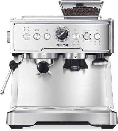 Reemix Siebträgermaschine, 20 Bar Espressomaschine/Kaffeemaschine mit integriertem Mahlwerk und Milchaufschäumer, 1350 W, 2,8 l Tank, Edelstahl/silber. Barista-Kit